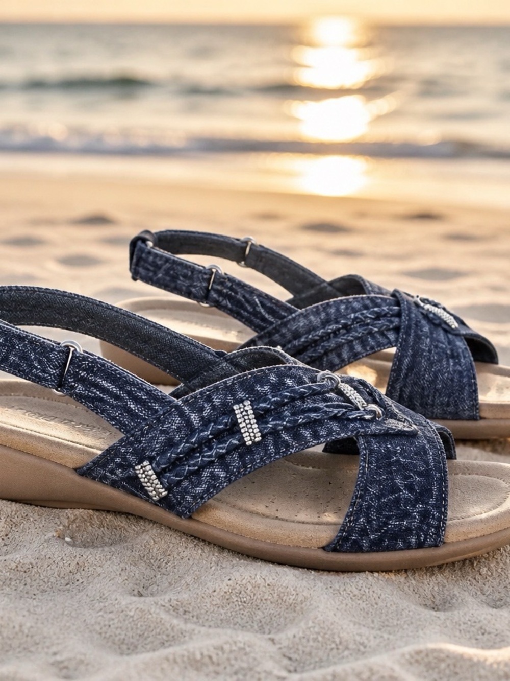 Minnetonka Denim Braided Concho Wedge Sandals  Womens size 9  Western
Southwest